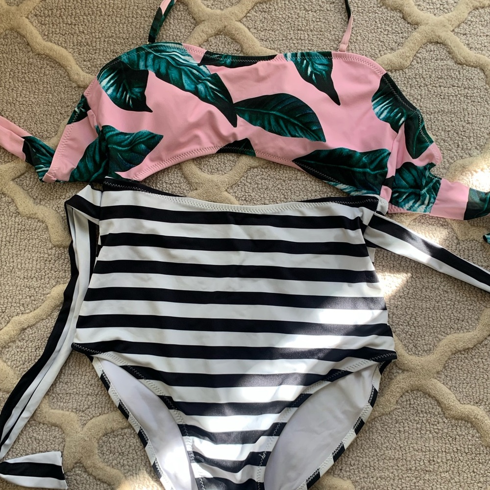 Pink and Green Leaf Print Bikini Top with Black and White Striped Bottom